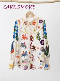 Fashion Printed Women Chiffon Shirt Bubble Sleeve Lapel Button Loose Blouse Spring Summer Elegant Lady Top 240412