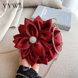 Evening Bags Red Flower Clutch Purse Women Round Bag Crystal Diamond Wedding Silk Handbag Exquisite Chain Shoulder Sac A Main