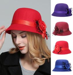 Stingy Brim Hats Fashion Bowler Elegant Ladies Formal Fedora Imitation Woolen With Flower Autumn Winter Keep Warm Bucket Cap6061081