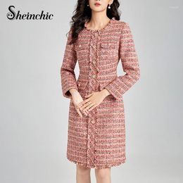 Casual Dresses 50% Wool For Women Luxury Designer Elegant O-neck Long Sleeve Midi Dress 2024 Spring Autumn Pink Plaid Vestido Feminino