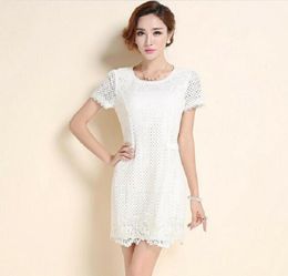 New Summer Women Korean Sweet Style Dresses Slim Short Sleeve Hollow Out Lace Splice Loose Solid Occasion Dress For Ladies BlackW4740284