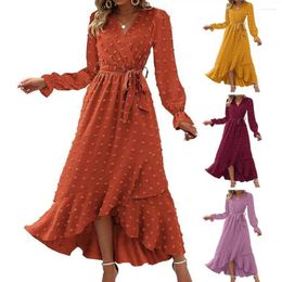 Casual Dresses Women Maxi Dress V Neck Bohemian Flowy With Dot Irregular Ruffle Hem For Women's Spring Fall Wedding Party