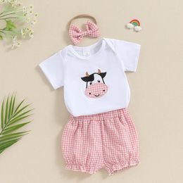 Clothing Sets Born Baby Boy Girl Summer Clothes Cow Embroidery Print Short Sleeve Romper Plaid Bloomers Shorts Set Cute Outfit
