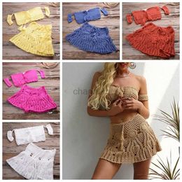 Basic Casual Dresses Crochet Two Piece Set Summer Beach Dress sexy women off shoulder crop top+A line mini skirts Bikini swimwear cover up 240419