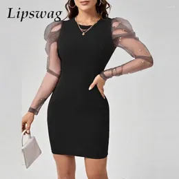 Casual Dresses Elegant Autumn Mesh Puff Long Sleeve Bodycon Dress Sexy See-through Women Party Spring Commuting Fashion O Neck Mini