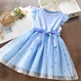 Girl's Dresses Sweet Girls Summer Flying Sleeves Bow Sequin Dress 2-6Y Kids Birthday Party Pink Fluffy A-line Tutu Princess Dress for Baby Girl d240423
