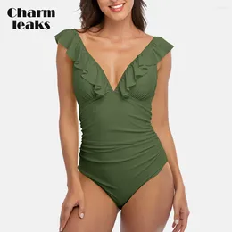 Women's Swimwear Charmleaks Ruffle One Piece Swimsuits For Women Solid V Neck Ruched High Cut Leg Monokini Bathing Suits