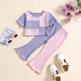 Clothing Sets Baby Girl 2Pcs Summer Outfits Short Sleeve Contrast Colour Ribbed Tops Flare Pants Set Toddler Clothes Children