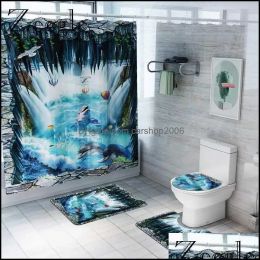 Mats Bath Mats Bathroom Aessories Home & Garden Carpet Mat And Shower Curtain Set 3D Dolphin Printed Room Rug Toilet Drop Delivery 2021