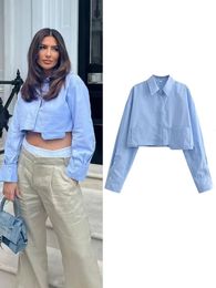 TRAF Womens Cropped Shirt Fashion Woman Blouse 2023 White Blue Striped Shirts and Blouses Autumn Long sleeve Short Top 240403