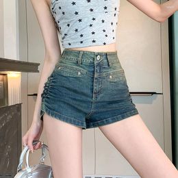 Women's Shorts 2024 Korean Version Spicy Girl Elastic Jeans Slim Fit High Waist Versatile Super Pleated Pants