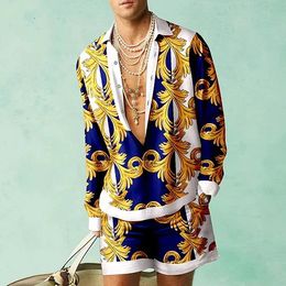 Patterned Shirt Sets 3D Printed Mens Casual Fashion Long Sleeves Shirts Oversized Beach Shorts Summer Streetwear Suits Clothing 240416