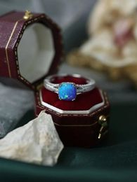 Cluster Rings S Pure 925 Silver "Thick Bar" Ring Inlaid With Blue Opal Simple Design Trendy Exquisite Style For Women