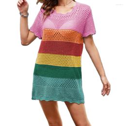 Women's Hollow Out Knit Crochet Beach Dress Solid Color/Contrast Color Bikinis Cover Up Short Sleeve Loose Mini Swimwear