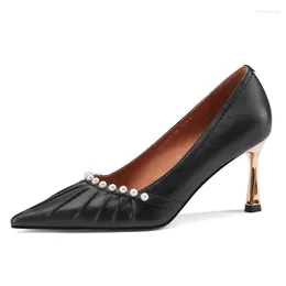 Dress Shoes Women 7.5cm High Heels Genuine Leather 2024 Spring Summer Black Beige Thin Heel Pumps Sexy Lady Pointed Toe Beading Party