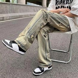 Men's Jeans Men Spliced Color Gradient Splicing Denim Pants With Distressed Cross Pattern Slight Flared Trousers For