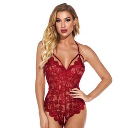 Womens Sleepwear One Piece Close Fitting Clothes Transparent Lace Sexy V-neck Backless Crotch Free Open Lingerie Mini Short Nightdress Pyjamas for women LULE