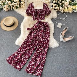 Women Autumn French Boho Floral Suits Square Collar Puff Sleeve Short TopsHigh Waist Wide Leg Pants Two Pieces Set 240412