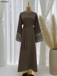 Ethnic Clothing Siskakia Moroccan Saudi Women Floral Embroidery Belted Long Dresses Turkish African Abayas Muslim Islam Kaftan 2024