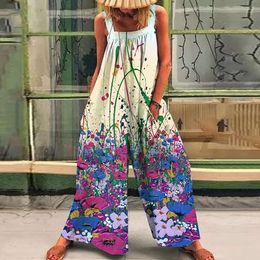 Summer Women's 2024 New Large Fashion Print Loose Strap Wide Leg Jumpsuit