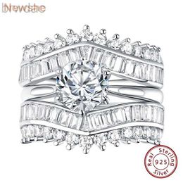 Solitaire Ring Newshe Solid 925 Silver Solitaire Round Cut Engagement Ring Set Guard Wedding Band Enhancers for Women CZ Simulated Diamond d240419