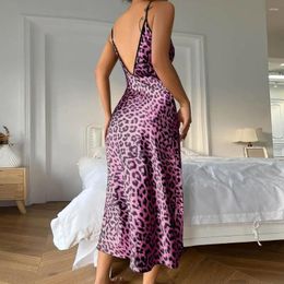 Women's Sleepwear Nightgown Leopard Print V Neck With Spaghetti Straps Backless Design For Women Mid-calf Length Dress Satin