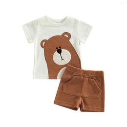 Clothing Sets Born Baby Boy Short Pants Outfits Sleeve Cartoon Bear Printed Crew Neck T-Shirt Solid Colour Elastic Waist Shorts Set