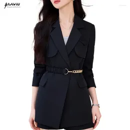 Women's Suits NAVIU Women Clothing Autumn Winter Office Ladies Elegant Solid Jacket Long Sleeve High Waist Metal Belt Blazer Outer Black