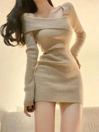 Casual Dresses Deeptown Korean Style Mini Knitted One-piece Dress Women Coquette Sexy Long Sleeve Tunic Cabaret Khaki Winter Clothes