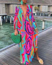 Basic Casual Dresses Elegant Womens Dresses 2023 Summer Casual Fashion Print V-Neck Loose Retro Comfortable Maxi Dress Female Robe S-XXXL 240419