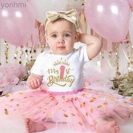 Girl's Dresses My 1st Birthday Baby Girl Birthday Dress + Bodysuit Set Pink Tutu Cake Dresses + Romper Outfits Girls Summer Clothes Jumpsuit d240423