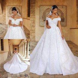 luxurious Modern Satin Wedding Dresses 2024 Off Shoulder Sweep Train Appliques Bridal Gowns Customised Plus Size Big Ball Gown Wedding Dress