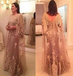 Plus Size Formal Dress Evening Gowns Bateau Neck Lace Appliques Floor Length Tulle Mother of the Bride Dress with Cape Custom Made1663553