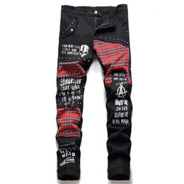 Mens Scotland Red Plaid Tartan Patchwork Jeans Punk Rivet Patch Black Denim Pants Skull Letters Printed Slim Straight Trousers 240415