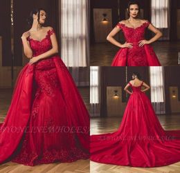 Vestidos de fiesta Red Arabic Evening Dresses Sexy Backless Off Shoulder Mermaid Beaded Appliques Party Occasion Gowns With Detach1247165