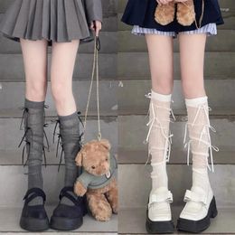 Women Socks Ribbon Bowknot Splicing Stockings Japanese Thin Thigh High Long