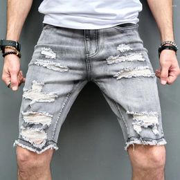 Men's Jeans Street Summer Men Holes Slim Fit Beach Denim Shorts Stylish Male Solid Casual Jean Five-point Pants