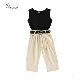 Clothing Sets Infant Kids Baby Girls Summer 3Pcs Outfits Round Neck Sleeveless Tank Tops Casual Pants Pockets Waist Belt 1-6 Years