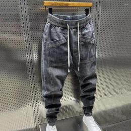 Men's Jeans Spring Autumn Men Elastic Drawstring Waist Pockets Denim Trousers Solid Color Casual Cargo Harem Pants Clothing