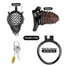 Metal Mesh Male Chastity Cage Stainless Steel Black Chastity Device for Men 2 Cock Ring Set Penis Locked Cage Breathable and Comfortable Chastity Belt(black short)