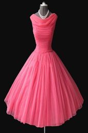 Real Sample 1950039s Vintage Bateau Neckline Tealength Puffy Ball Gown Water Melon Chiffon Short Prom Dresses Evening Gowns6276043