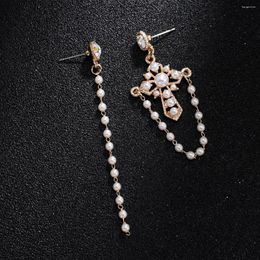 Dangle Earrings Retro Asymmetric Cross For Women Girls Pearl Tassel Drop With CZ Bride Wedding Fashion Jewelry