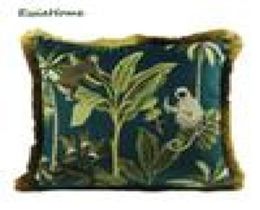 ESSIE HOME Tropical Plants Palm Leaves Animal Pattern Monkey Digital Print Velvet Cushion Cover Pillow Case With Gold Tassel3945533