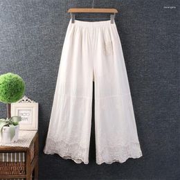 Women's Pants Japanese Mori Girl Hollow Out Lace Embroidery Wide Leg Women Summer Spring Cotton Linen Casual Loose