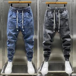 Men's Jeans Men Solid Colour Elastic Drawstring Denim Cargo Pants With Pockets Spring Autumn Harem Trousers