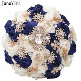 Wedding Flowers JaneVini Gold Rhinestone Crystal Bridal Bouquet Fleurs Luxe Navy Blue Ivory Satin Roses Bride Holding Accessory