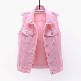 Women big size 6XL Denim Vest Sleeveless Waistcoat Students Casual Tops Jeans Jackets Red Pink Purple Yellow Blue White Jacket240416