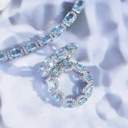 Pendant Necklaces Romantic 14K White Gold Lab Aquamarine Diamond Jewellery set Engagement Wedding Earrings Necklace For Women Bridal Promise Gift 240419