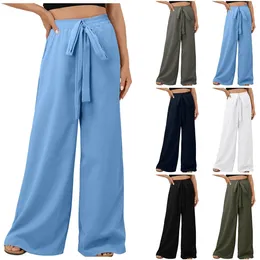 Women's Pants Elastic High Waist Wide Leg Flowy Casual Loose Fit Drawstring Cotton Linen Floor Length Palazzo Workwear