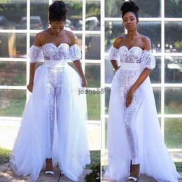 White Jumpsuit Wedding Dresses Bridal Gowns with Detachable Train Vestidos De Novia Sweetheart Pant Suit Short Sleeve Outfit